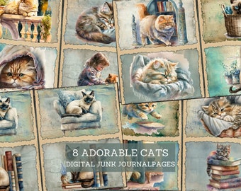 Pages de carnet de bords adorables chats, kit de carnet de bords indésirables chatons bibliophiles endormis, papiers de scrapbooking paysage, travaux manuels imprimables sur la nature