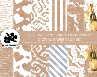 1st Paper Wedding Anniversary Seamless Digital Papers, Champagnes, and Paper Patterns, Wedding Backgrounds, Commercial Use Digital Paper