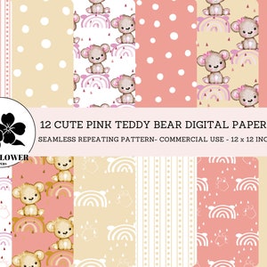 Teddy Bear Nursery Seamless Digital Papers, Pink Baby Girl & Rainbows, Nursery Baby Girl Backgrounds, Commercial Use Digital Paper