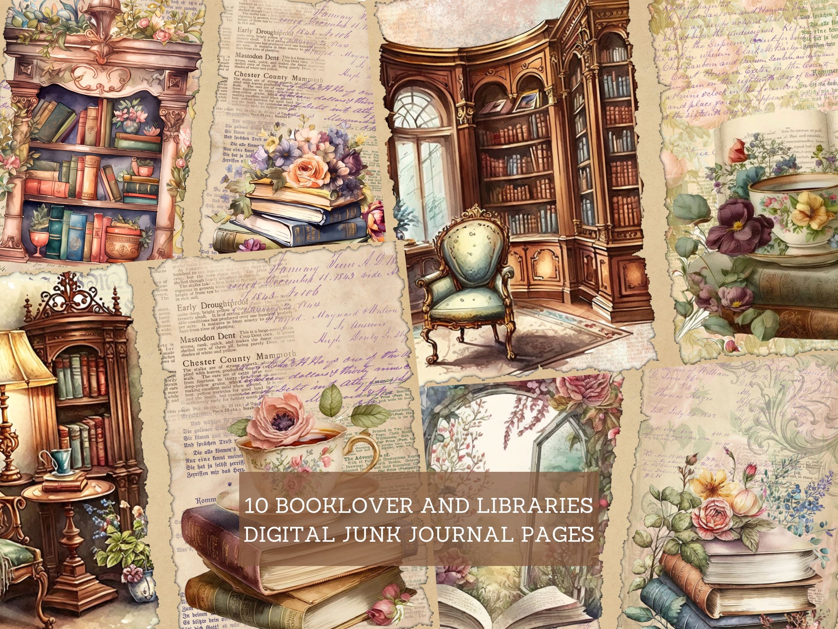 Book Lover & Libraries Junk Journal Pages, Vintage Bookshelf Junk ...