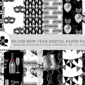 Silver New Year Seamless Digital Papers, Black and Silver Theme, New Year Backgrounds, Commercial Use Digital Paper