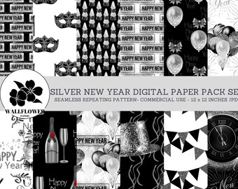Silver New Year Seamless Digital Papers, Black and Silver Theme, New Year Backgrounds, Commercial Use Digital Paper