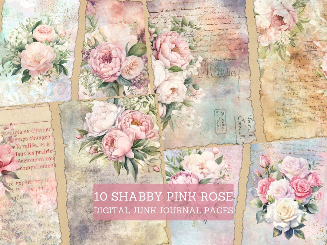 Shabby Chic Pink Roses Junk Journal Pages, Vintage Watercolor Rose Junk ...