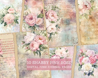 Pages de journal indésirable shabby chic roses roses, kit de journal indésirable rose aquarelle rose, feuilles découpées, journal papier collage numérique imprimable