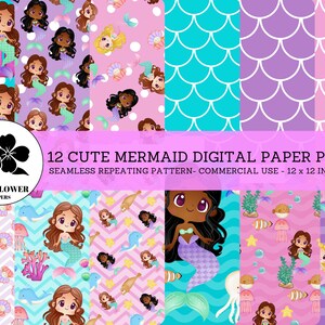 Cute Mermaid Seamless Digital Papers 2, Mermaids and Tail Scales, Pink, Blue and Purple Backgrounds, Commercial Use Digital Paper