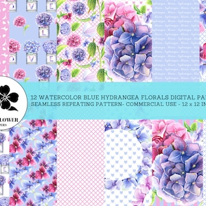 Watercolor Blue Hydrangea Floral Seamless Digital Papers, Blue and Pink Flowers, Watercolor Backgrounds, Commercial Use Digital Paper