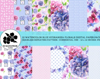 Acquerello blu ortensia floreale senza cuciture carte digitali, fiori blu e rosa, sfondi acquerello, carta digitale per uso commerciale