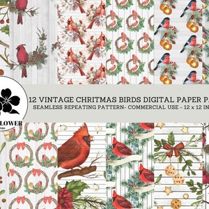 Vintage Christmas Birds Seamless Digital Papers, Poinsettias & Birds, Xmas Backgrounds, Commercial Use Digital Paper