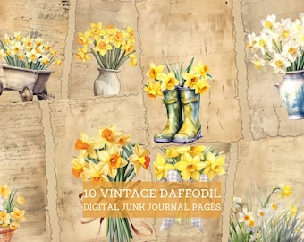Vintage Daffodil Junk Journal Pages, Vintage Floral Junk Journal Kit, Cut Out Sheets, Junk Journal Printable, Digital Collage Paper