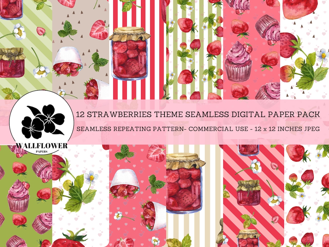 Strawberries Theme Digital Papers, Strawberry Summer Fruit and Jam, Red