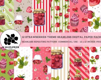 Strawberries Theme Digital Papers, Strawberry Summer Fruit and Jam, Red and Green Backgrounds, Commercial Use Digital Paper