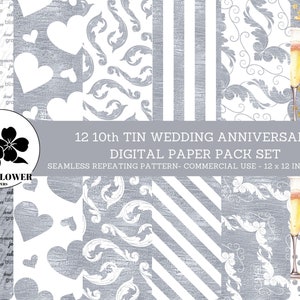 10o aniversario de bodas de estaño Papeles digitales sin costuras, champagnes y patrones de estaño, fondos de boda, papel digital de uso comercial