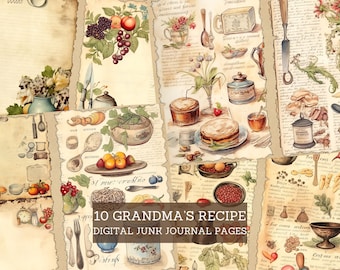 Grandma Vintage Recipe Junk Journal Pages, Vintage Cookbook Junk Journal Kit, Cut Out Sheets, Junk Journal Printable, Digital Collage Paper