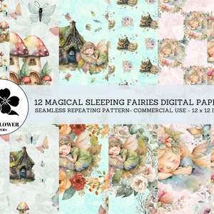 Magical Fairies Seamless Digital Papers 2, Sleeping Fairies, Flowers, and Houses, Watercolor Backgrounds, Commercial Use Digital Paper