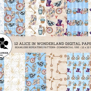 Papiers numériques sans soudure Alice au pays des merveilles, montre du lapin blanc et chapeau du chapelier fou, arrière-plans aquarelles, papier numérique à usage commercial