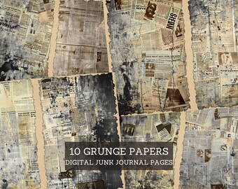 Op de afbeelding: Tien digitale papiertexturen met verweerde, gescheurde en verouderde krantenpagina's met vervaagde tekst en afbeeldingen. Deze digitale papieren zijn perfect voor junk journaling, scrapbooking en andere creatieve projecten.
