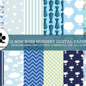 Mini Boss Seamless Digital Papers, Blue Baby Boss, Nursery Baby Boy Backgrounds, Commercial Use Digital Paper