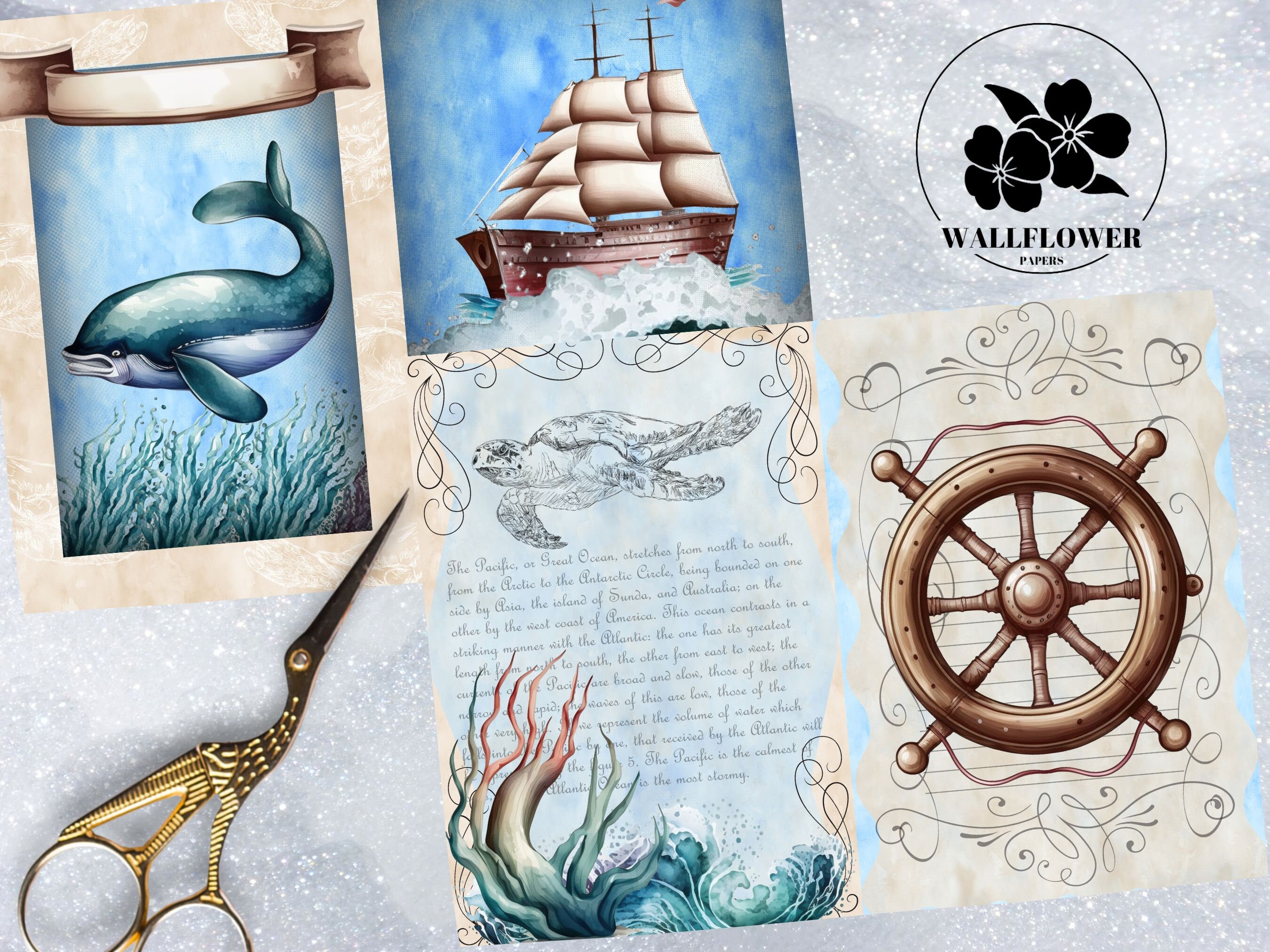 Ocean & Sea Life Junk Journal Pages, Vintage Nautical Junk Journal Kit ...
