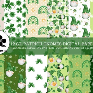 St Patrick&#39;s Day Cute Gnomes Seamless Digital Papers, Shamrocks Scrapbook Paper, St Patrick&#39;s Backgrounds, Commercial Use Digital Paper
