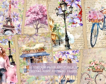 Vintage Paris and Florals Junk Journal Pages, Vintage France Junk Journal Kit, Cut Out Sheets, Junk Journal Printable, Digital Collage Paper