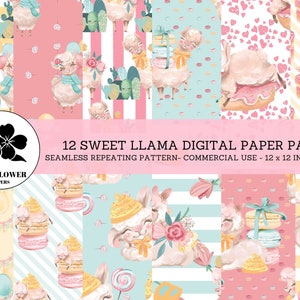 Sweet Llama Seamless Digital Papers, Llamas & Sweet Macarons, Happy Birthday Nursery Backgrounds, Commercial Use Digital Paper