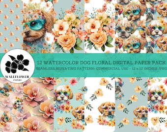 Puede incluir: Un paquete de papel digital con 12 patrones sin costuras que presentan ilustraciones de acuarela de perros con gafas de sol y rodeados de flores. Los patrones son de 30,48 cm por 30,48 cm y están en formato JPEG. El texto "WALLFLOWER PAPERS" y "12 WATERCOLOR DOG FLORAL DIGITAL PAPER PACK" está incluido en la imagen.