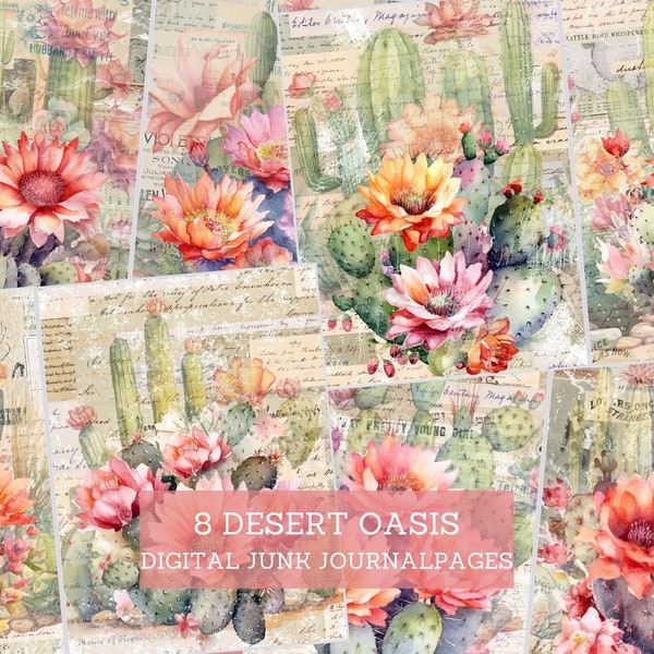 Desert Oasis Junk Journal Pages, Cactus & Desert Flowers Junk Journal Kit, Textured Printable Papers, Scrapbooking, Nature crafting, DIY