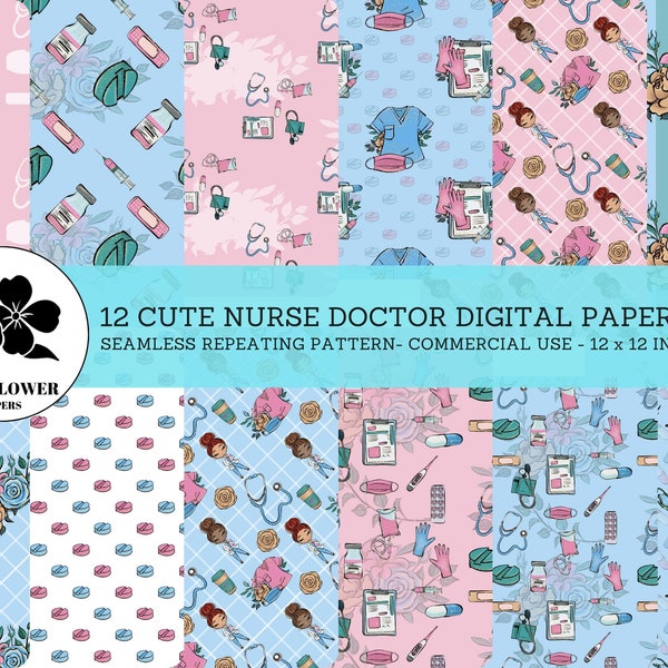 Cute Nurse Doctor Seamless Digital Papers, Nurses, Doctors, and Stethoscopes, Pink & Blue Hospital Backgrounds, Commercial Use Digital Paper