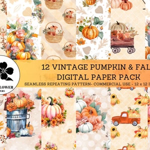 Puede incluir: Un paquete de papel digital con 12 diseños vintage de calabaza y otoño. Cada diseño es un patrón repetido sin costuras de 12x12 pulgadas, perfecto para manualidades y uso comercial.