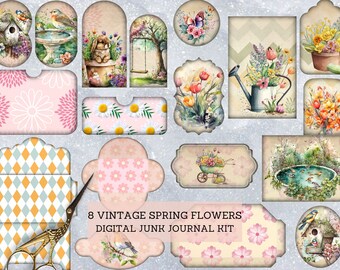 Kit de diario basura de flores de primavera vintage, hojas recortadas de conejitos vintage, etiquetas imprimibles de diario basura, papel de collage digital, kit de efímeras