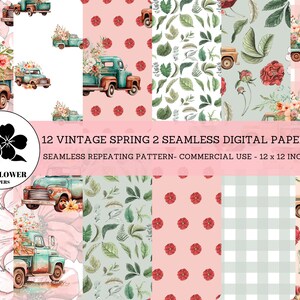 Vintage Frühling Seamless Digital Papers 2, Lastwagen & Blumen Scrapbook Papier, Frühling Hintergründe, Kommerzielle Nutzung Digitales Papier