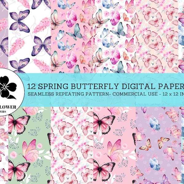 Spring Butterfly Seamless Digital Papers, Colorful Butterflies and Flowers, Spring Backgrounds, Commercial Use Digital Paper