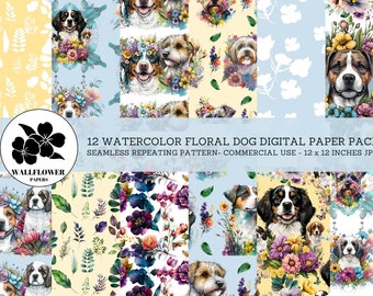 Puede incluir: Un paquete de papel digital con 12 diseños de perros florales de acuarela. Cada diseño presenta un perro con una corona floral y un patrón repetitivo sin costuras. Los diseños miden 12 x 12 pulgadas y son perfectos para uso comercial.
