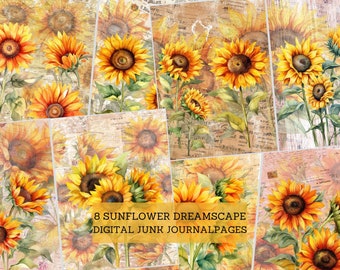 Pages de journal indésirable tournesol Dreamscape, kit de journal indésirable de jardin de tournesol aquarelle, papiers imprimables texturés, scrapbooking, projets de bricolage