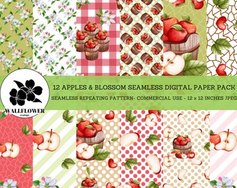 Papeles digitales de manzanas y flores, cortes de manzanas y flores, fondos verdes, papel digital de uso comercial