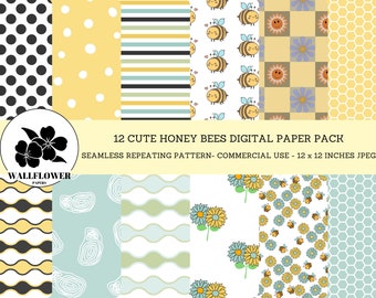Honey Bee Seamless Digital Papers, Flowers & Beehives Scrapbook Paper, Boho Bee Backgrounds, Commercial Use Digital Paper