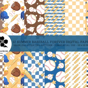 Summer Baseball Forever Seamless Digital Papers, Baseball Bats & Hotdogs, Summer Backgrounds, Commercial Use Digital Paper