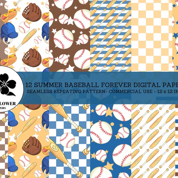 Summer Baseball Forever Seamless Digital Papers, Baseball Bats & Hotdogs, Summer Backgrounds, Commercial Use Digital Paper