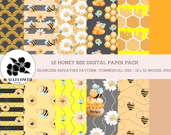 Honey Bee Seamless Digital Papers, Flowers & Bees Scrapbook Paper, Bee Backgrounds, Commercial Use Digital Paper