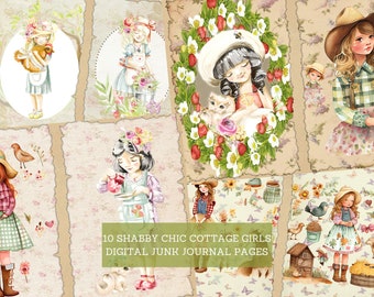 Shabby Chic Vintage Cottage Girls Junk Journal-sidor, Vintage Junk Journal-kit, Klipp ut ark, Utskrivbar Junk Journal, Digitalt Collagepapper