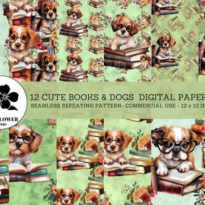 Cute Dogs with Books Seamless Digital Papers, Dog Portraits and Books, Watercolor Backgrounds, Commercial Use Digital Paper