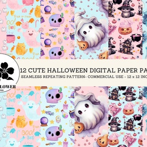Cute Halloween Seamless Digital Papers, Cute Ghosts and Pumpkins, Pink and Blue Halloween Backgrounds, Commercial Use Digital Paper
