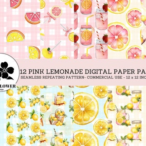 Puede incluir: Un conjunto de papeles digitales con 12 patrones temáticos de limonada rosa. Los patrones presentan limones, limonada y cuadros rosas. Los patrones son sin costuras y se repiten. El paquete es para uso comercial y los archivos son JPEG de 12 x 12 pulgadas.