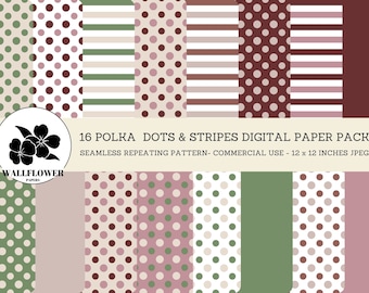 Verde Beige Borgoña papeles digitales sin costuras, lunares y rayas de colores, papel de Scrapbook, fondos, papel Digital de uso comercial