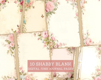 May include: A collection of ten digital journal pages with a shabby chic aesthetic. Each page features a cream-colored background with torn edges, floral accents, and lined or blank spaces. The pages are adorned with pink roses and butterflies.