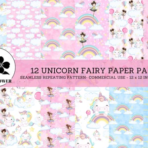Unicorn Fairy Seamless Digital Papers, Unicorns and Fairies, Nursery Backgrounds, Commercial Use Digital Paper