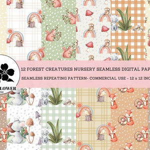 Forest Creatures Nursery Seamless Digital Papers, Baby Animals & Rainbows, Nursery Baby Backgrounds, Commercial Use Digital Paper