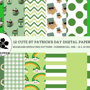 St Patrick&#39;s Day Shamrocks & Rainbow Seamless Digital Papers, Scrapbook Paper, St Patrick&#39;s Backgrounds, Commercial Use Digital Paper