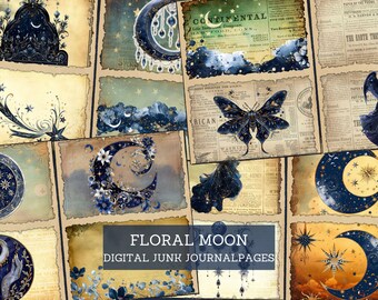 May include: A digital collage of 10 images featuring a floral moon theme. The images include a crescent moon with floral details, a butterfly, and a variety of stars and celestial elements. The images are in a vintage style with a distressed background.