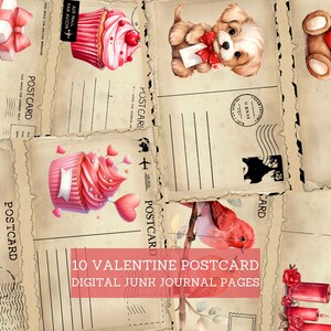 Pages de journal vintage de cartes postales de la Saint-Valentin, kit de carnet de cartes romantiques, feuilles découpées, journal indésirable imprimable, papier collage numérique